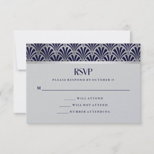 Modern Art Deco | Navy and Faux Silver RSVP Karte (Vorderseite)