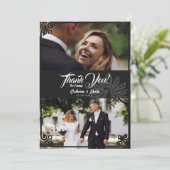 Modern Art Deco Peacock Black 2 Foto Hochzeit Dankeskarte (Stehend Vorderseite)