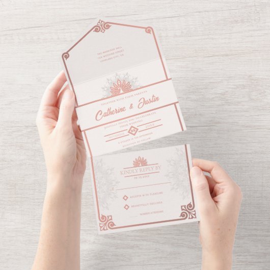 Modern Art Deco Peacock Rose Rosa Hochzeit All In One Einladung (Abreißen)