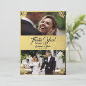 Modern Art Deco Pfau Gold 2 Foto Hochzeit Dankeskarte (Stehend Vorderseite)