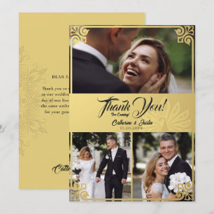 Modern Art Deco Pfau Gold 3 Foto Hochzeit Dankeskarte