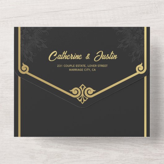 Modern Art Deco Pfau Gold und Schwarze Hochzeit All In One Einladung (Rückseite)