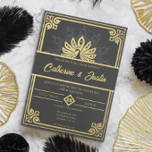 Modern Art Deco Pfau Gold und Schwarze Hochzeit Einladung