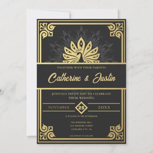 Modern Art Deco Pfau Gold und Schwarze Hochzeit Einladung (Vorderseite)