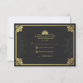 Modern Art Deco Pfau Gold und Schwarze Hochzeit RSVP Karte (Vorderseite)