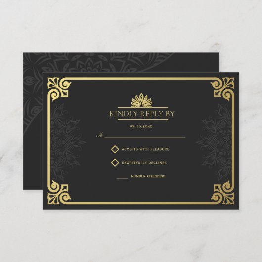 Modern Art Deco Pfau Gold und Schwarze Hochzeit RSVP Karte (Vorne/Hinten)