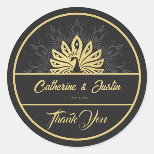 Modern Art Deco Pfau Gold und Schwarze Hochzeit Runder Aufkleber (Vorderseite)