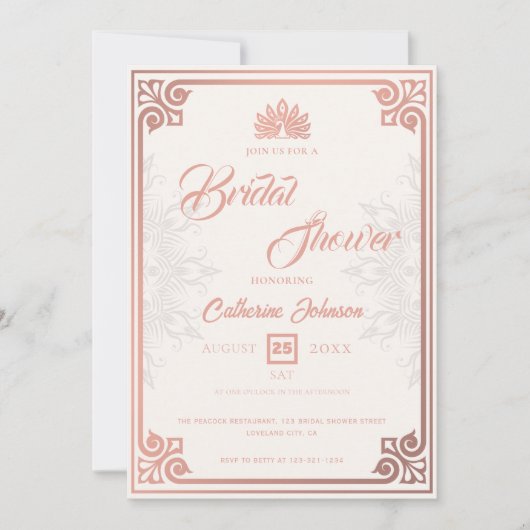 Modern Art Deco Pfaue Rose Rosa Brautparty Einladung (Vorderseite)