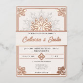 Modern Art Deco Pfauenhochzeit Rose Gold Folieneinladung (Vorderseite)