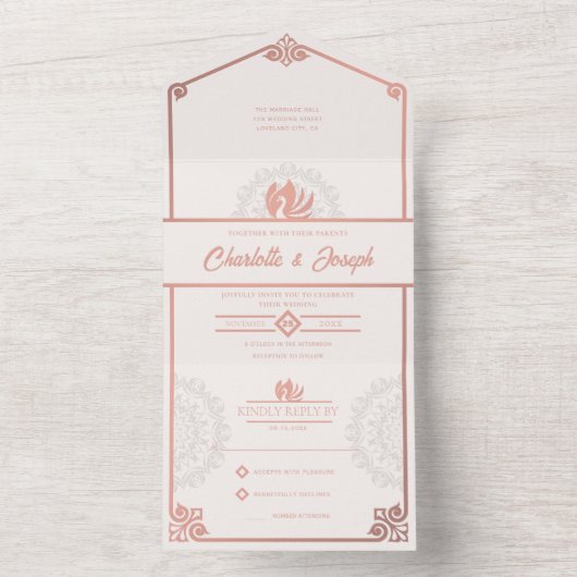 Modern Art Deco Swan Blush Rose Rosa Hochzeit All In One Einladung (Innen Boden)