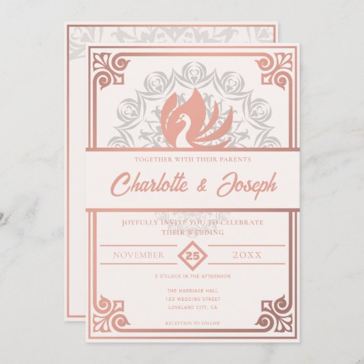 Modern Art Deco Swan Blush Rose Rosa Hochzeit Einladung (Vorne/Hinten)