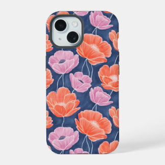 Modern Artistic Coral Pink Poppies Floral iPhone 15 Hülle