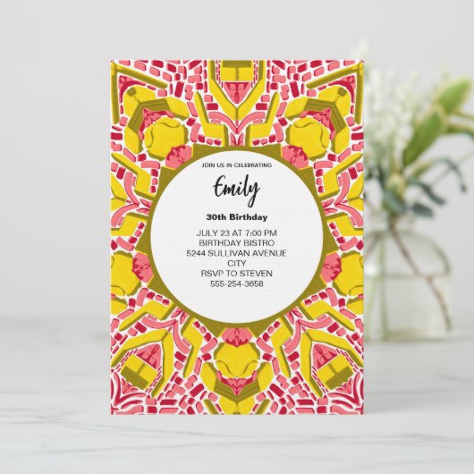 Modern Artistic Yellow & Pink Abstract Pattern Einladung (Stehend Vorderseite)