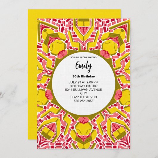 Modern Artistic Yellow & Pink Abstract Pattern Einladung (Vorne/Hinten)