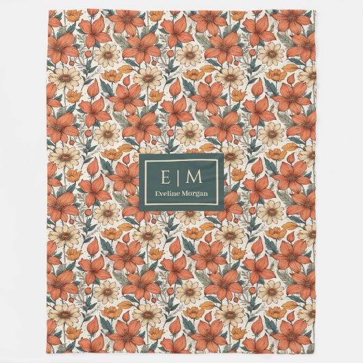 Modern Autumn Flowers Sage Pastel Olive Rusty Fleecedecke (Vorderseite)