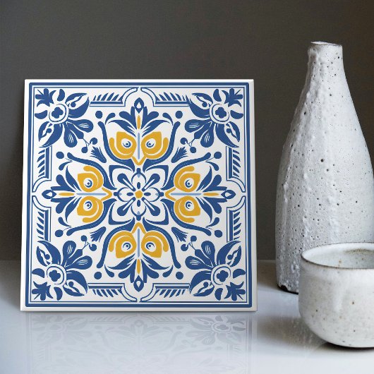 Modern Azulejo Blue Yellow Portugiesisch Lissabon Fliese