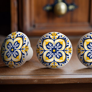 Modern Azulejo Blue Yellow Portugiesisch Lissabon Keramikknauf