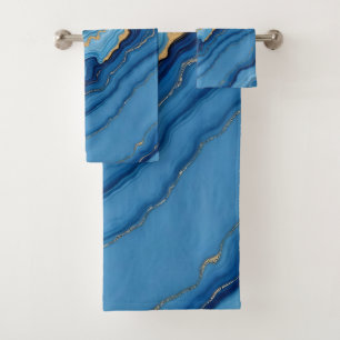 Modern Azure Blue Gold Marble Collection Badhandtuch Set