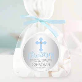 Modern Baby Blue Cross Christening Boy Vielen Dank Runder Aufkleber