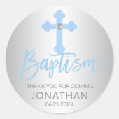 Modern Baby Blue Cross Taufe Junge Vielen Dank Runder Aufkleber (Vorderseite)