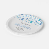 Modern Baby Blue Raindrops Baby Boy Sprinkle Pappteller (Schrägansicht)