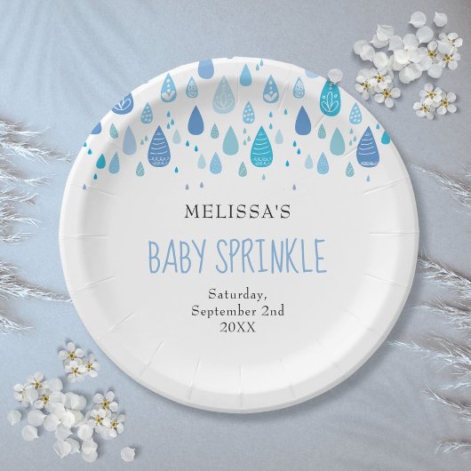 Modern Baby Blue Raindrops Baby Boy Sprinkle Pappteller
