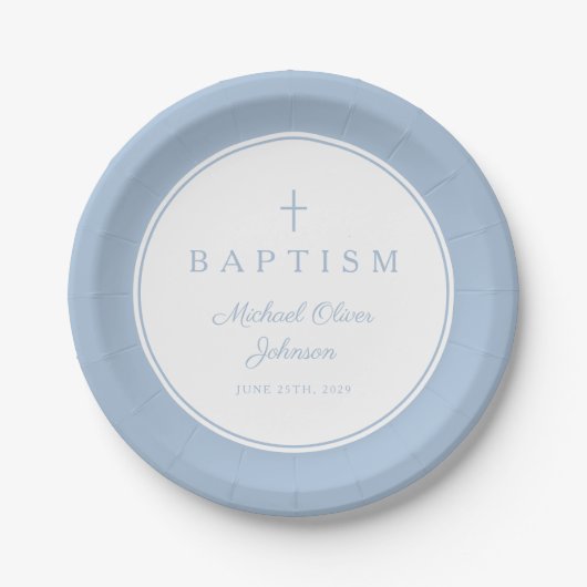 Modern Baby Blue Religious Cross Baptism Pappteller (Vorderseite)
