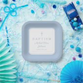 Modern Baby Blue Religius Cross Boy Baptism Pappteller (Party)