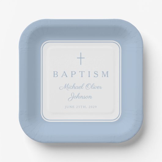 Modern Baby Blue Religius Cross Boy Baptism Pappteller (Vorderseite)