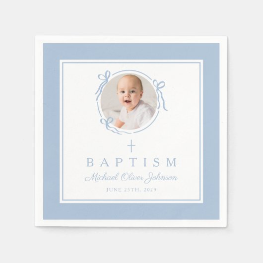 Modern Baby Blue Religius Cross Boy Baptism Serviette (Vorderseite)