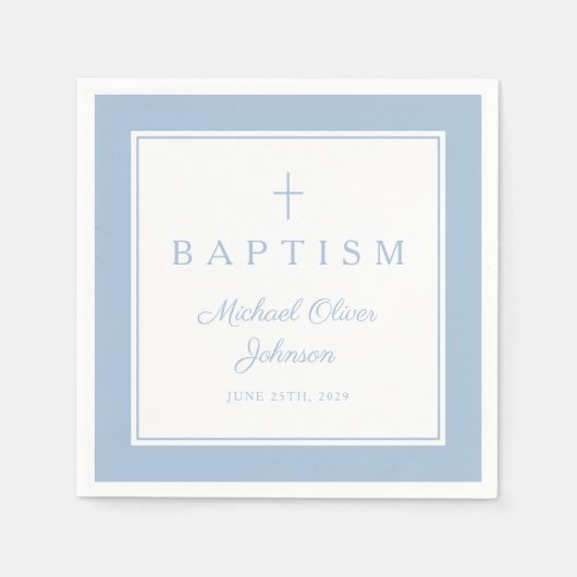 Modern Baby Blue Religius Cross Boy Baptism Serviette (Vorderseite)