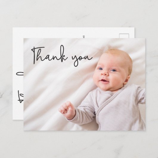Modern Baby Boy Foto Birth Danke Custom Ankündigungspostkarte (Vorne/Hinten)