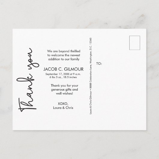 Modern Baby Boy Foto Birth Danke Custom Ankündigungspostkarte (Rückseite)