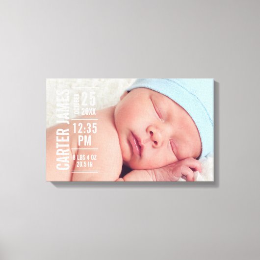Modern Baby Boy Foto Birth Stats Keepake Leinwanddruck (Vorderseite)