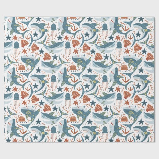 Modern Baby Boy Kids Birthday Under The Sea Shark Geschenkpapier (Flach)