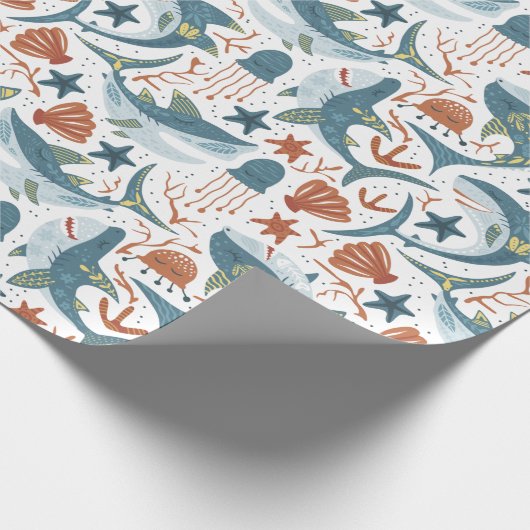 Modern Baby Boy Kids Birthday Under The Sea Shark Geschenkpapier (Ecke)