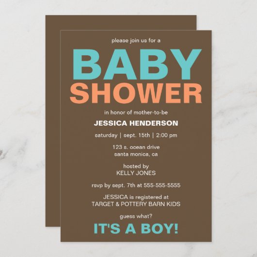 Modern Baby Boy Showeinladung - Braun/Aquamarin Einladung (Vorne/Hinten)