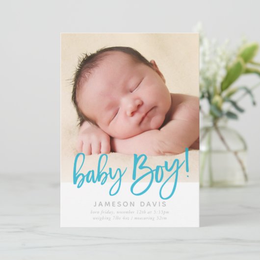 MODERN BABY FOTO, einfaches Junge-Blau-Skript schr Ankündigung (Stehend Vorderseite)