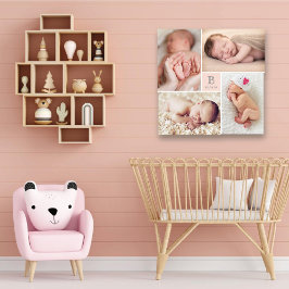 Modern Baby Girl Monogram Pink 4 Photo Collage Leinwanddruck