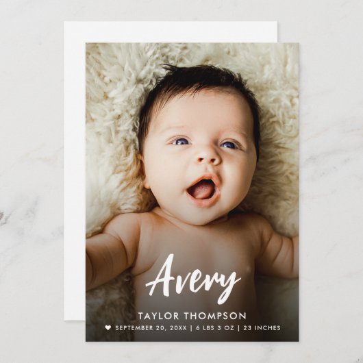 Modern Baby Name Brush script custom photo birth  Einladung (Vorne/Hinten)