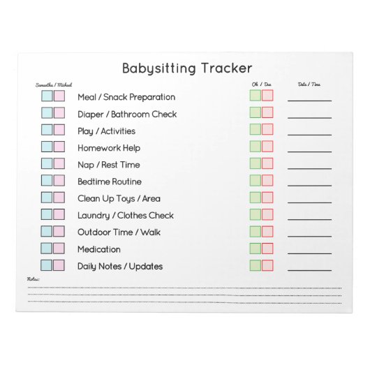 Modern Babysitting Tracker Task Planner Notizblock (Vorderseite)