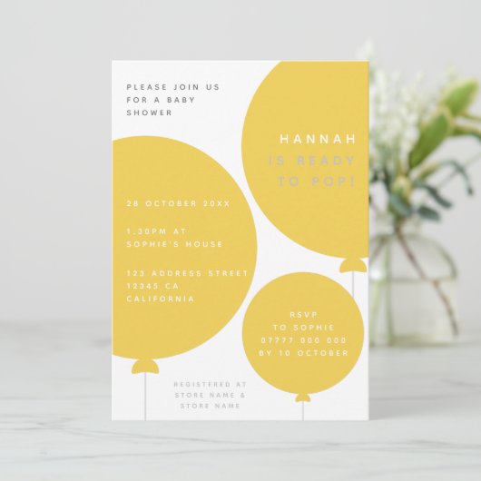 Modern Balloon | Unisex Yellow Baby Show Einladung (Stehend Vorderseite)