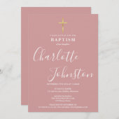 Modern Baptism Christening Dusty Rose Pink Einladung (Vorne/Hinten)