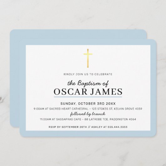 MODERN BAPTISM Minimal Gold Kreuz einfacher blauer Einladung (Vorne/Hinten)