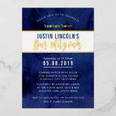 MODERN BAR MITZVAH dark blue faux gold hebrew Folieneinladung (Vorderseite)