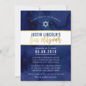 MODERN BAR MITZVAH dunkelblaues Aquarellgold Einladung (Vorderseite)
