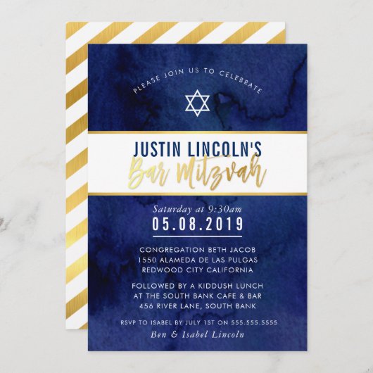 MODERN BAR MITZVAH dunkelblaues Aquarellgold Einladung (Vorne/Hinten)