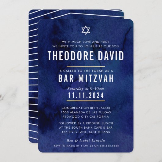 MODERN BAR MITZVAH dunkelblaues Muster Einladung (Vorne/Hinten)