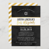 MODERN BAR MITZVAH Schwarzes Aquarellgoldskript Einladung (Vorne/Hinten)