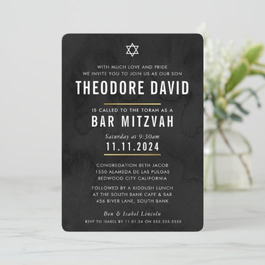 MODERN BAR MITZVAH Schwarzes Muster Einladung (Stehend Vorderseite)